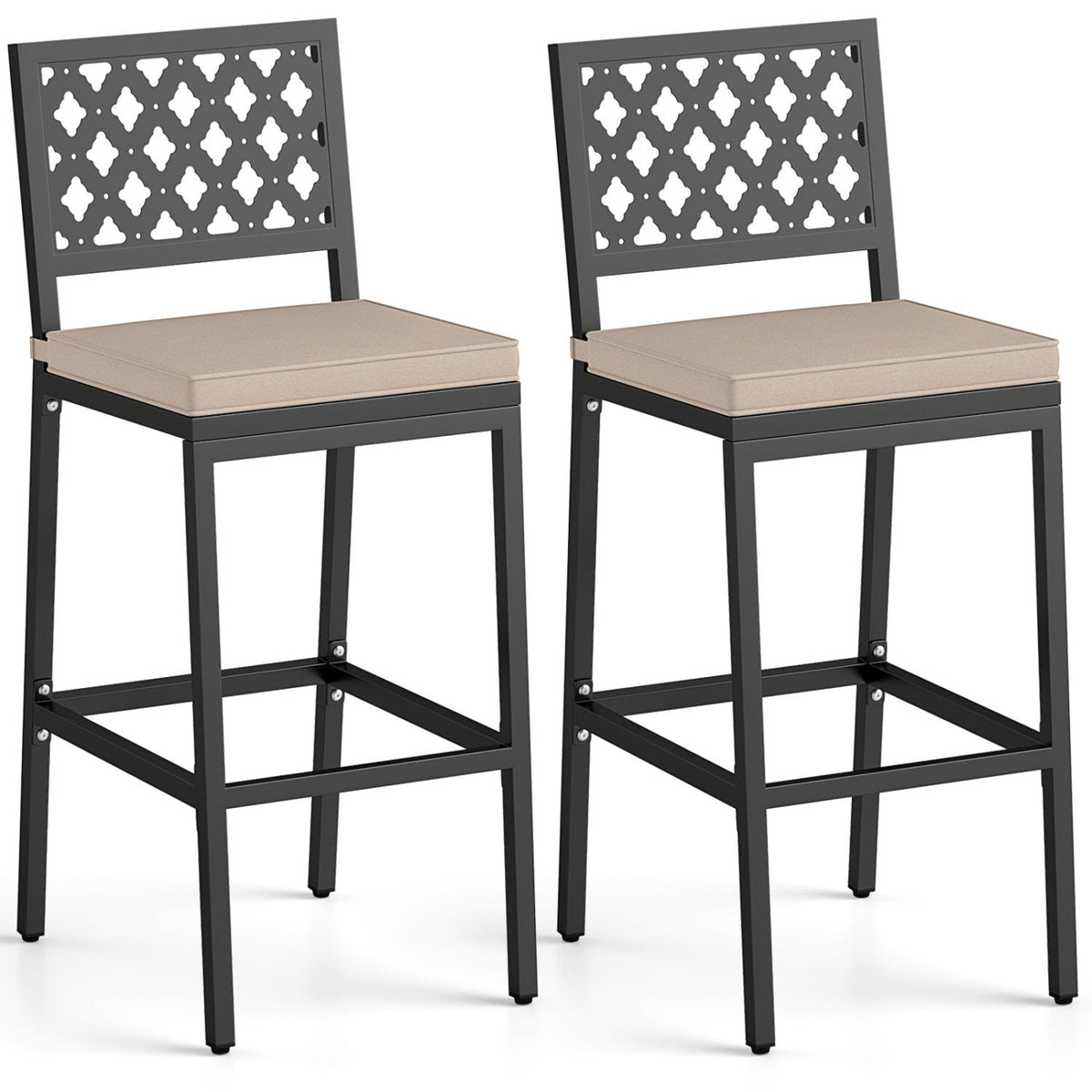 Set of 2 Patio Bar Chairs Counter Height with Detachable Cushion and Footrest-Argyle Pattern
