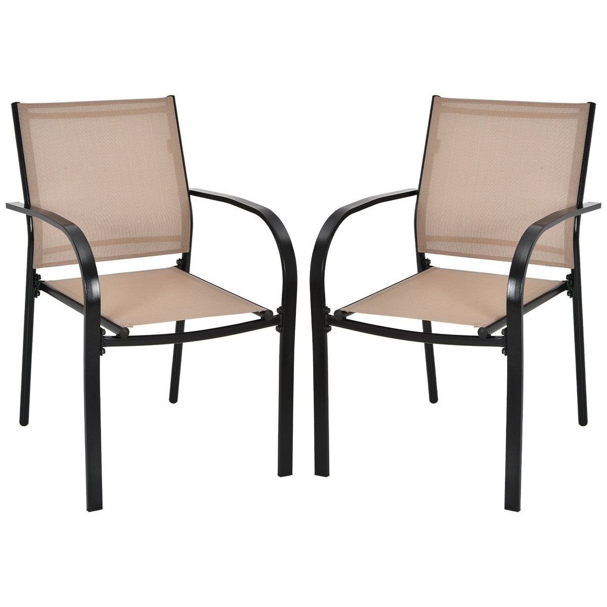 Set of 2 Patio Stackable Dining Chairs with Armrests Garden Deck-Brown