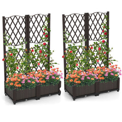Set of 2 PE Rattan Raised Garden Bed with Trellis Planter Box for Climbing Plants-Rustic Brown
