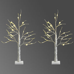 Set of 2 Mini White Birch Twig Trees, 24 Inch Battery Powered with 24 LEDs Each