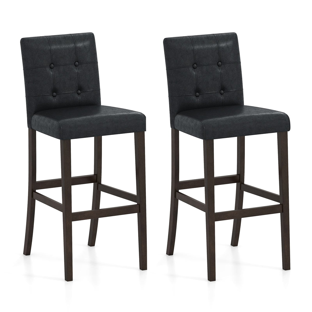 Set of 2 Tufted Bar Height Stools in Black PVC with Wood Legs, 30.5 Inch Seat