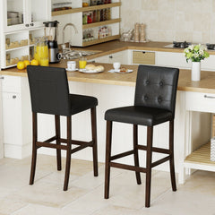 Set of 2 Tufted Bar Height Stools in Black PVC with Wood Legs, 30.5 Inch Seat