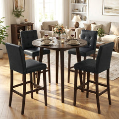 Set of 2 Tufted Bar Height Stools in Black PVC with Wood Legs, 30.5 Inch Seat