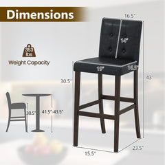 Set of 2 Tufted Bar Height Stools in Black PVC with Wood Legs, 30.5 Inch Seat