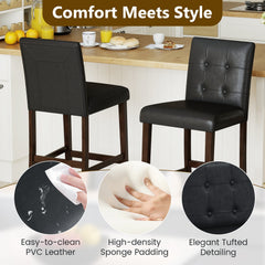 Set of 2 Tufted Bar Height Stools in Black PVC with Wood Legs, 30.5 Inch Seat