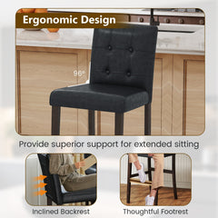 Set of 2 Tufted Bar Height Stools in Black PVC with Wood Legs, 30.5 Inch Seat