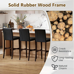 Set of 2 Tufted Bar Height Stools in Black PVC with Wood Legs, 30.5 Inch Seat