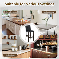 Set of 2 Tufted Bar Height Stools in Black PVC with Wood Legs, 30.5 Inch Seat