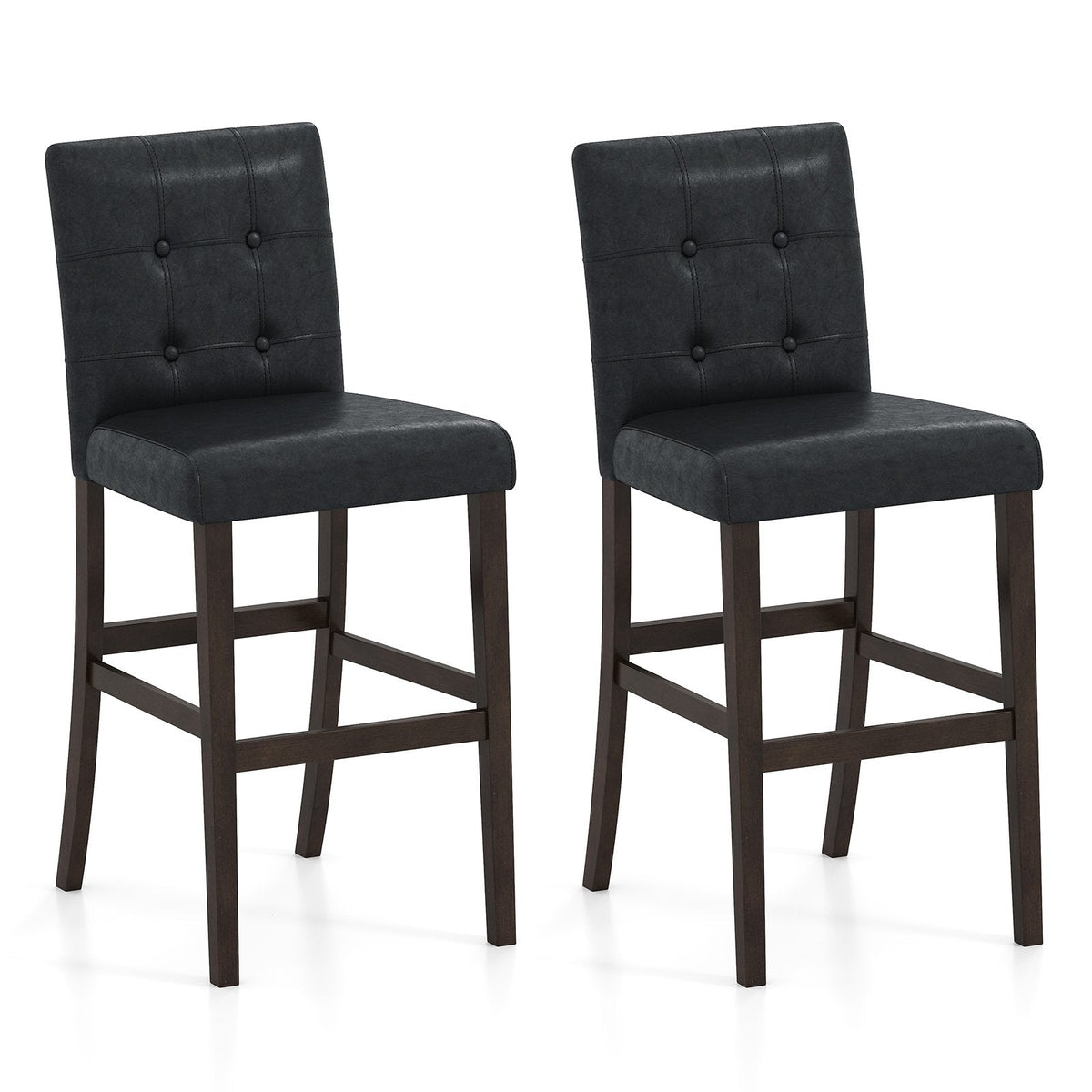 Set of 2 Tufted Counter Stools in Black PVC with Solid Wood Legs, 26 Inch Seat