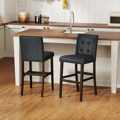 Set of 2 Tufted Counter Stools in Black PVC with Solid Wood Legs, 26 Inch Seat