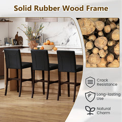 Set of 2 Tufted Counter Stools in Black PVC with Solid Wood Legs, 26 Inch Seat