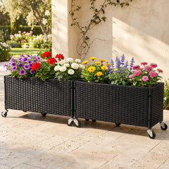 Set of 2 Raised Garden Bed PE Rattan Wicker Patio Planter Box with Liner and Wheels