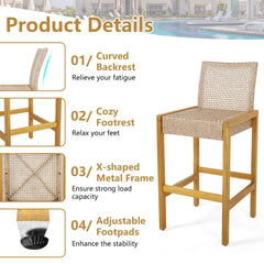 Set of 2 Rattan Patio Wood Barstools Dining Chairs with Backrest-Set of 2
