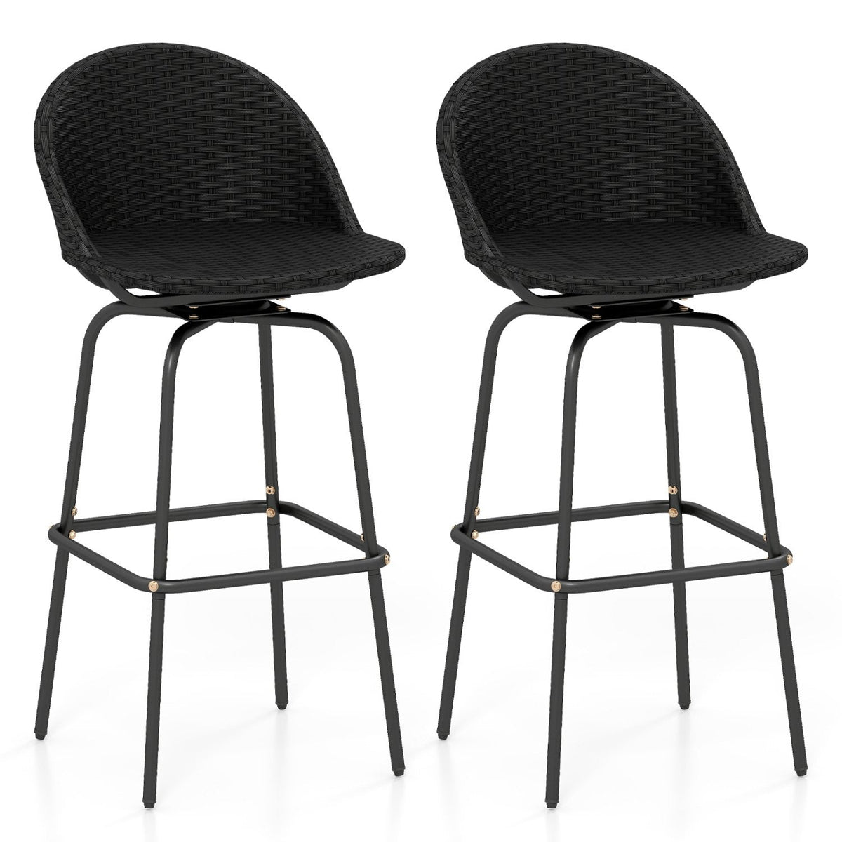 Set of 2 Rattan Swivel Barstools with Curved Back-Black
