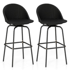 Set of 2 Rattan Swivel Barstools with Curved Back-Black