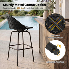 Set of 2 Rattan Swivel Barstools with Curved Back-Black