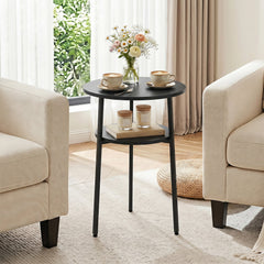 Round Side Table with Storage Shelf & Metal Frame for Living Room-Black