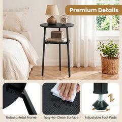 Round Side Table with Storage Shelf & Metal Frame for Living Room-Black
