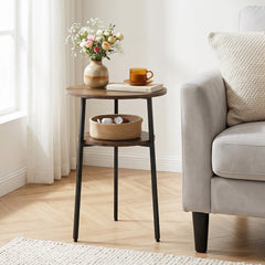 Round Side Table with Storage Shelf & Metal Frame for Living Room-Rustic Brown