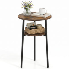 Round Side Table with Storage Shelf & Metal Frame for Living Room-Rustic Brown