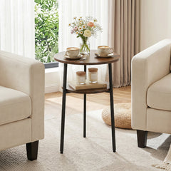 Round Side Table with Storage Shelf & Metal Frame for Living Room-Rustic Brown