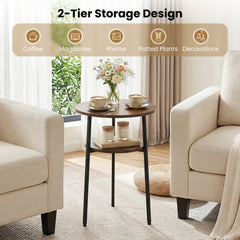 Round Side Table with Storage Shelf & Metal Frame for Living Room-Rustic Brown