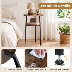Round Side Table with Storage Shelf & Metal Frame for Living Room-Rustic Brown