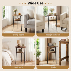 Round Side Table with Storage Shelf & Metal Frame for Living Room-Rustic Brown
