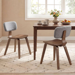 Set of 2 Walnut Rubber Wood Dining Chairs with Grey Teddy Velvet Backrest and Contoured Seat