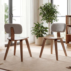 Set of 2 Walnut Rubber Wood Dining Chairs with Grey Teddy Velvet Backrest and Contoured Seat