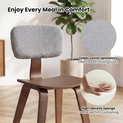 Set of 2 Walnut Rubber Wood Dining Chairs with Grey Teddy Velvet Backrest and Contoured Seat
