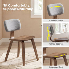 Set of 2 Walnut Rubber Wood Dining Chairs with Grey Teddy Velvet Backrest and Contoured Seat