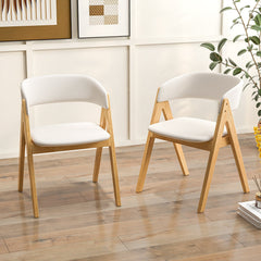 Set of 2 Padded Dining Chairs with Wrap Around Curved Back, Natural Rubber Wood and Beige