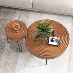 Set of 2 Round Farmhouse Coffee Tables, Solid Pine Ring Pattern Tops, Brown