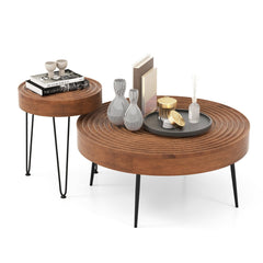 Set of 2 Round Farmhouse Coffee Tables, Solid Pine Ring Pattern Tops, Brown