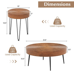 Set of 2 Round Farmhouse Coffee Tables, Solid Pine Ring Pattern Tops, Brown