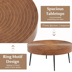 Set of 2 Round Farmhouse Coffee Tables, Solid Pine Ring Pattern Tops, Brown