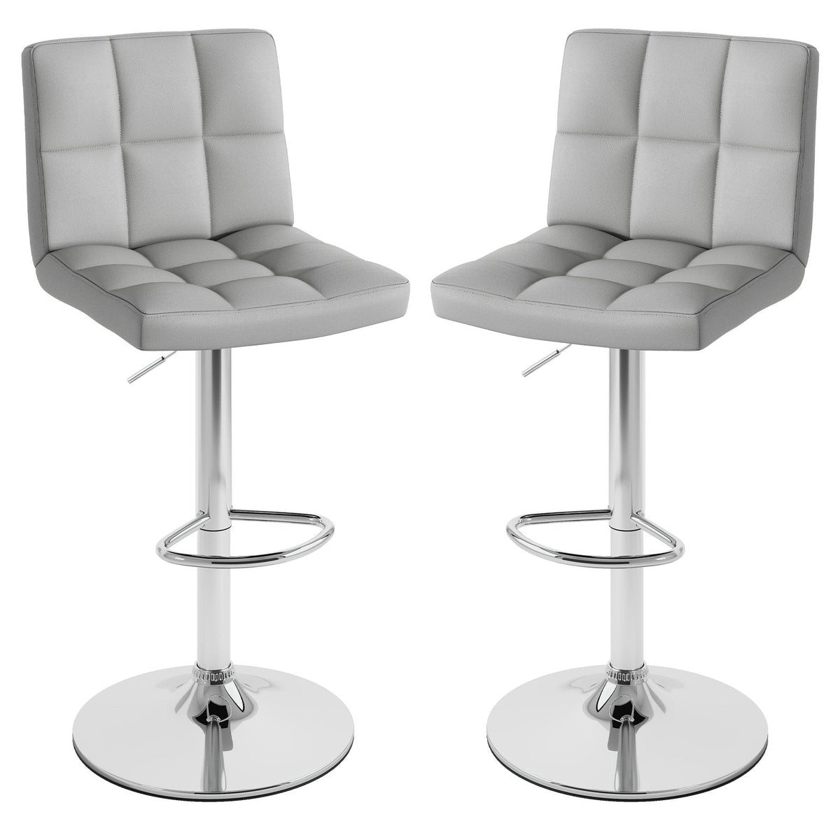 Set of 2 Square Quilted Swivel Bar Stools in Grey, 25.5 to 33.5 Inch Seat Height