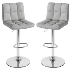 Set of 2 Square Quilted Swivel Bar Stools in Grey, 25.5 to 33.5 Inch Seat Height