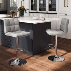 Set of 2 Square Quilted Swivel Bar Stools in Grey, 25.5 to 33.5 Inch Seat Height