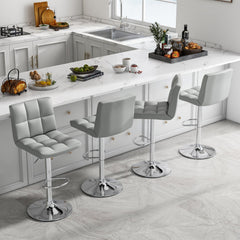 Set of 2 Square Quilted Swivel Bar Stools in Grey, 25.5 to 33.5 Inch Seat Height