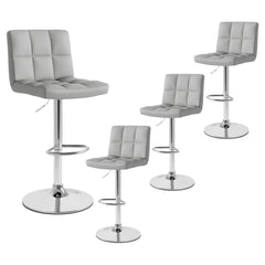 Set of 2 Square Quilted Swivel Bar Stools in Grey, 25.5 to 33.5 Inch Seat Height