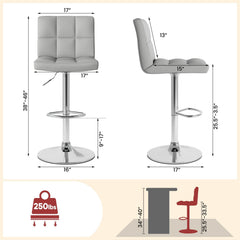 Set of 2 Square Quilted Swivel Bar Stools in Grey, 25.5 to 33.5 Inch Seat Height