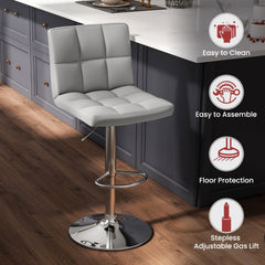Set of 2 Square Quilted Swivel Bar Stools in Grey, 25.5 to 33.5 Inch Seat Height