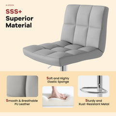 Set of 2 Square Quilted Swivel Bar Stools in Grey, 25.5 to 33.5 Inch Seat Height