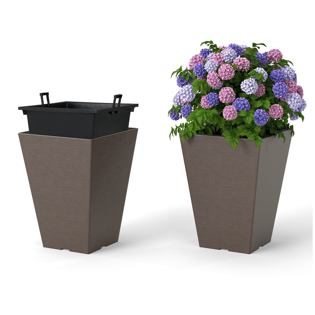 Set of 2 Square Taper Planter with Removable Inner Bucket and Optional Drainage Hole-S