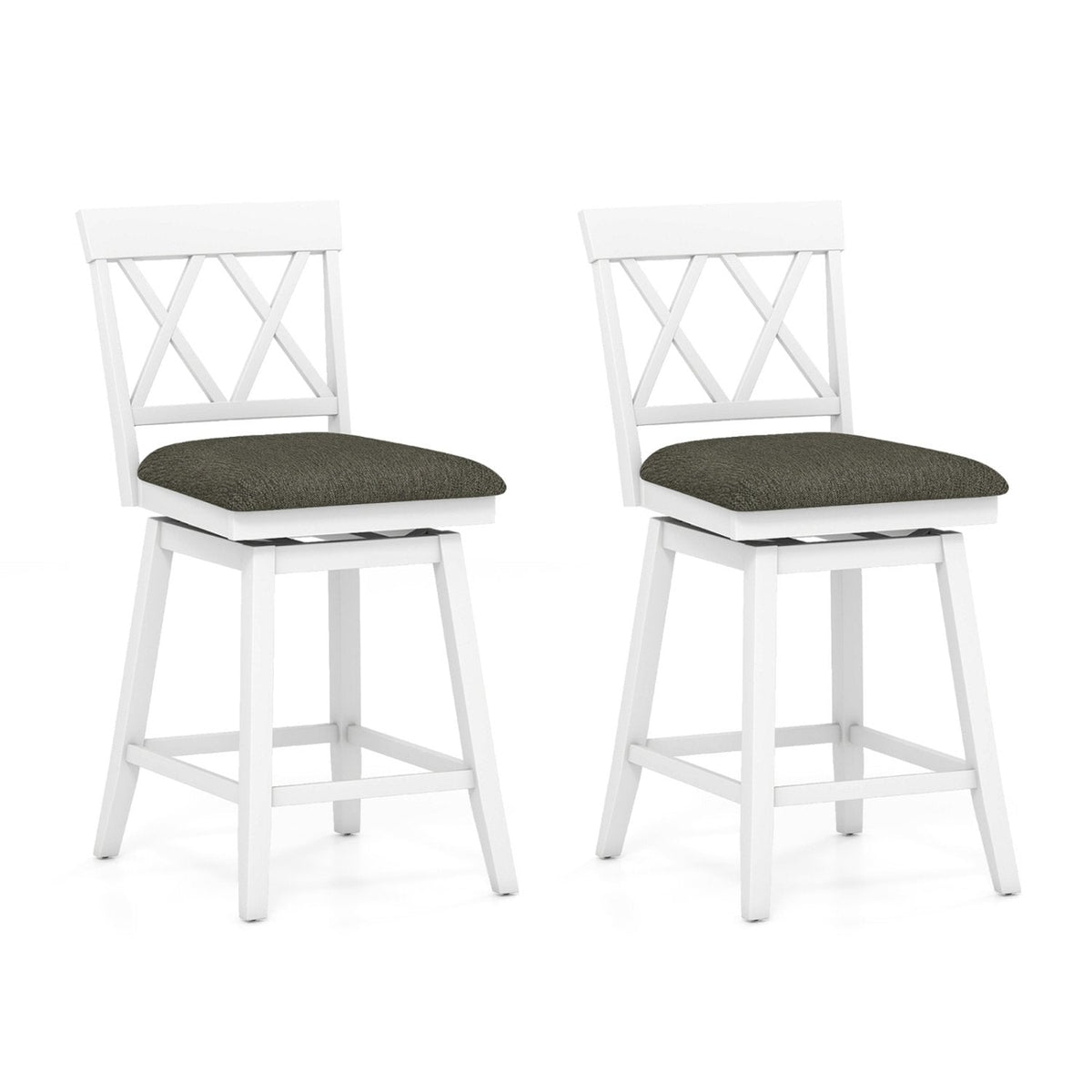 Set of 2 Swivel Counter Stools with White Cross Backs and Linen Seats, 24 Inch