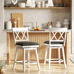 Set of 2 Swivel Counter Stools with White Cross Backs and Linen Seats, 24 Inch