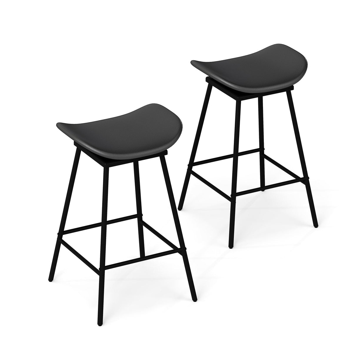 Set of 2 Backless Swivel Saddle Bar Stools in Black with Metal Frames, 28 Inch Seat