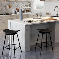 Set of 2 Backless Swivel Saddle Bar Stools in Black with Metal Frames, 28 Inch Seat